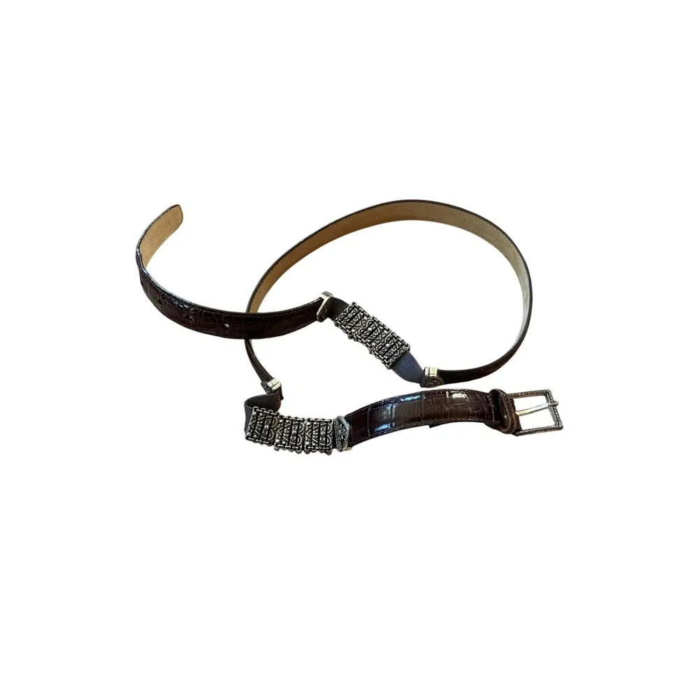 Vintage Brighton XL Brown‎ Croc Embossed Leather Belt Silver Heart Detail Women
